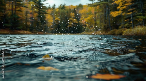 Tranquil autumn scene by lake, trees reflecting on calm water, seasonal beauty