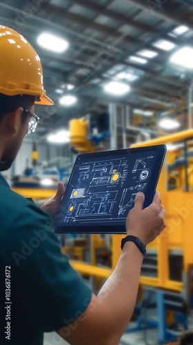 Close-up of a hand interacting with a digital interface on a large screen in a modern factory.