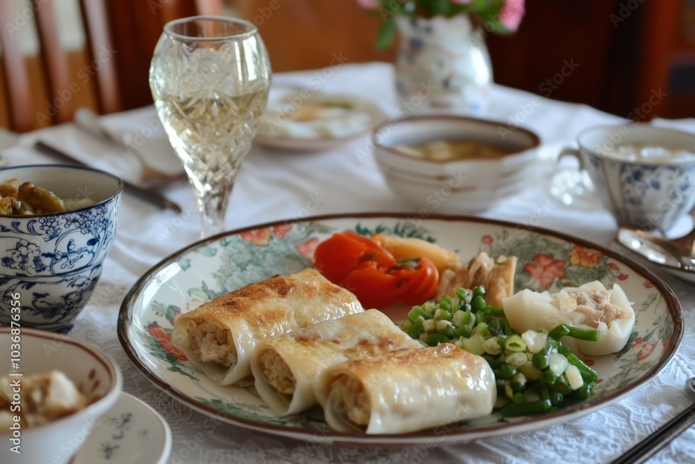 A delightful spread of homemade spring rolls and fresh vegetables on a charming dining table A delightful spread of homemade spring rolls and fresh vegetables on a charming dining table
