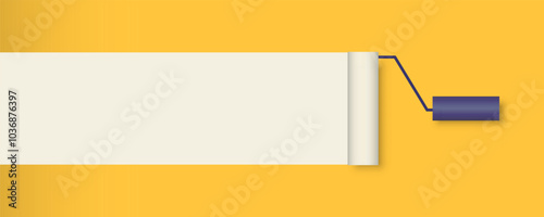 Covering yellow wall with new white paint, a paint roller, vector illustration, banner, color background