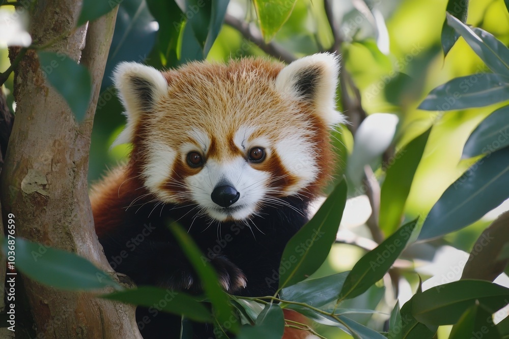 Curious red panda peeking through lush green leaves in a serene forest habitat Curious red panda peeking through lush green leaves in a serene forest habitat