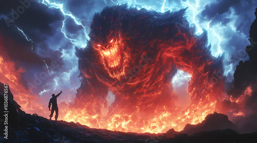 Wallpaper Mural Shonen Anime Hero with Massive Summoned Beast and Lightning Scene Torontodigital.ca