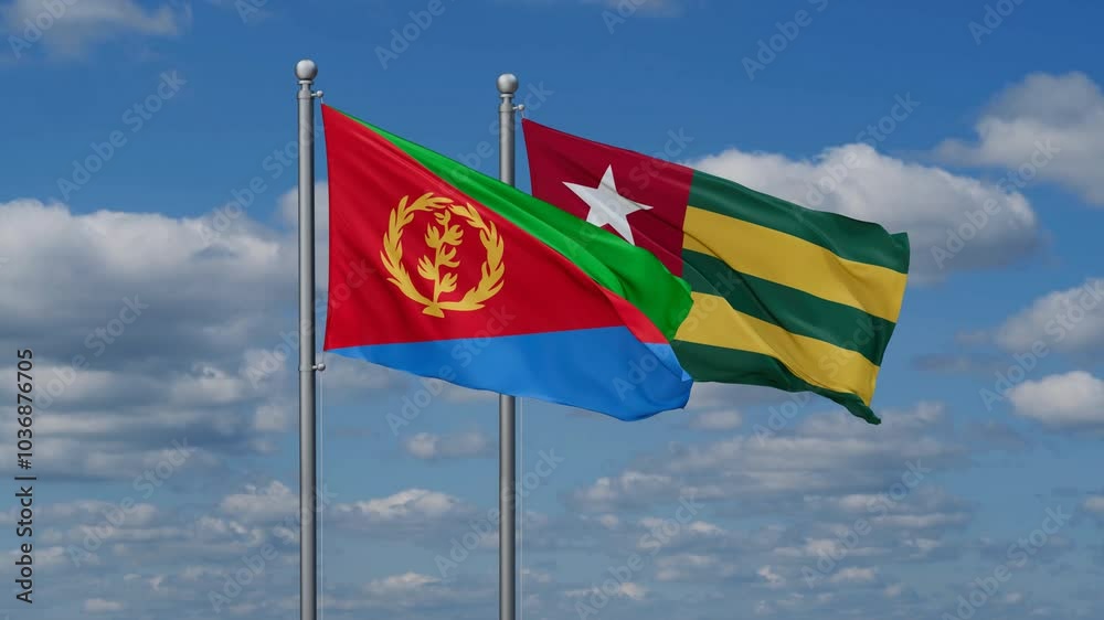 Togo, Togolese Republic and Eritrea flags flying together, video concept of the relationship, two country cooperation concept Togo, Togolese Republic and Eritrea flags flying together, video concept of the relationship, two country cooperation concept
