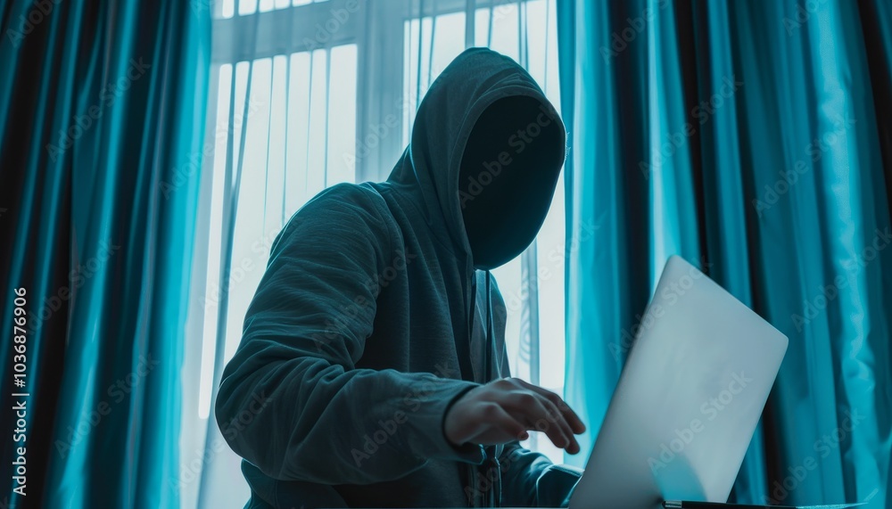 Burglar Stealing Laptop from Modern Living Room with Notebooks Nearby Burglar Stealing Laptop from Modern Living Room with Notebooks Nearby
