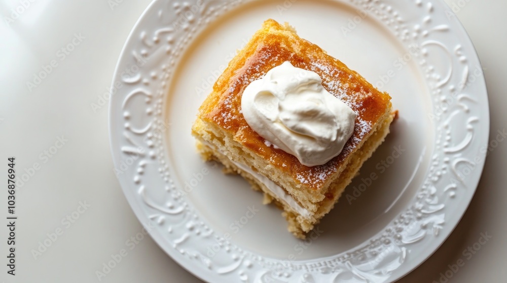 Traditional Square Piece of Cake with Cream Topping Traditional Square Piece of Cake with Cream Topping