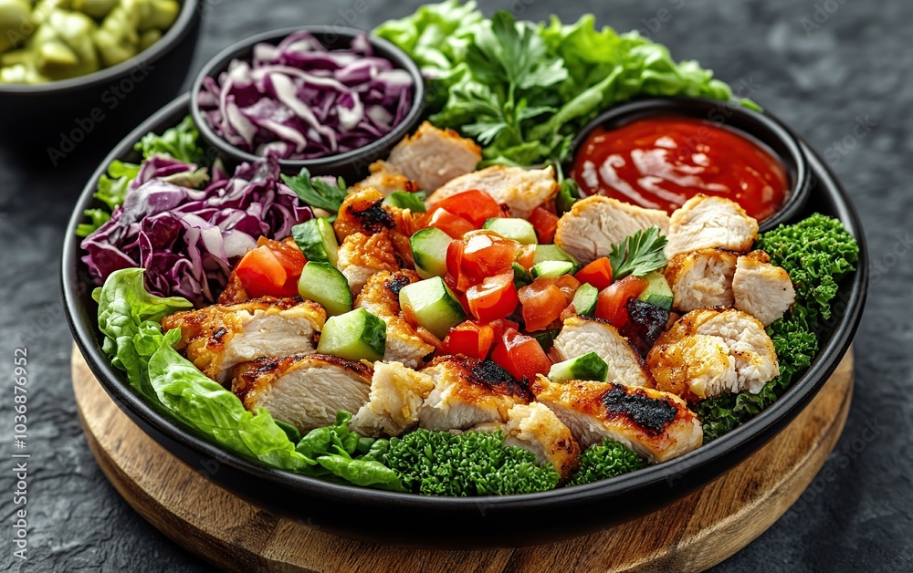 A delicious and healthy chicken salad bowl with grilled chicken, lettuce, cucumber, tomato and red cabbage.
