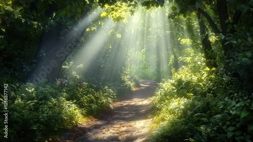 Sunbeams Through Forest Path