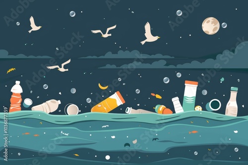 Cartoon Illustration of Plastic Waste Floating in Ocean Vector Art.
