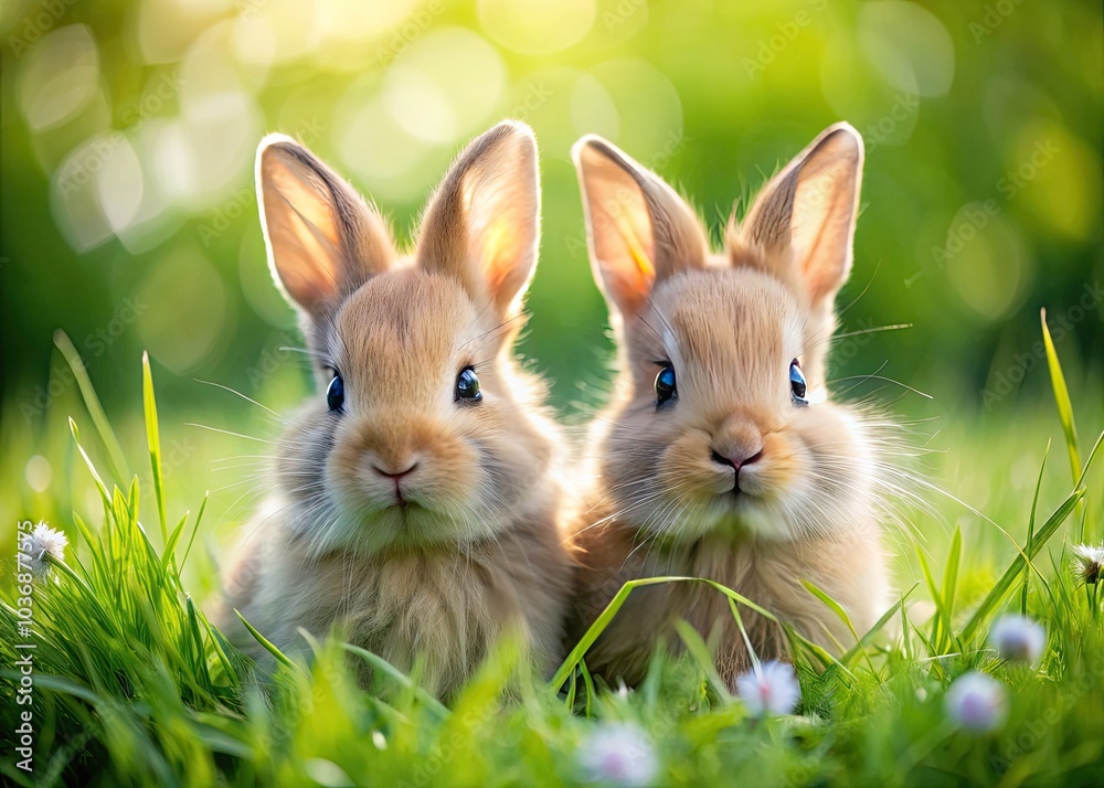 Fototapeta premium Charming closeup of two baby rabbits nestled in vibrant green grass at an eco-friendly farm, showcasing their large eyes and soft fur, perfect for animal lovers.