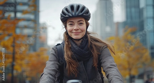 Confident young woman in business casual attire wearing a helmet and riding a bicycle through a bustling city setting filled with modern skyscrapers