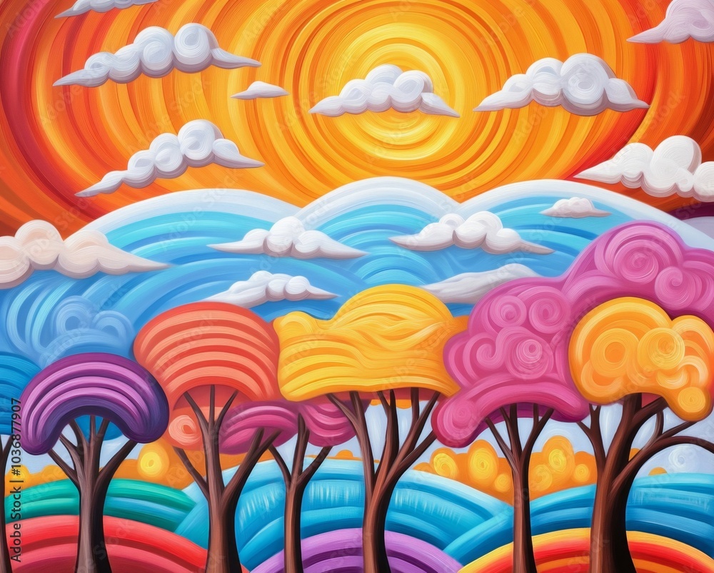 Fototapeta premium Vibrant Abstract Landscape: Colorful Trees and Swirling Skies in Modern Art Style