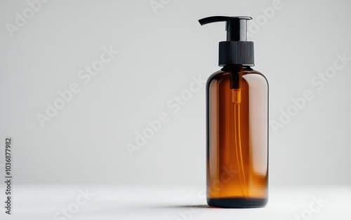 Amber glass dropper bottle with black pump for essential oils or skincare products on white background