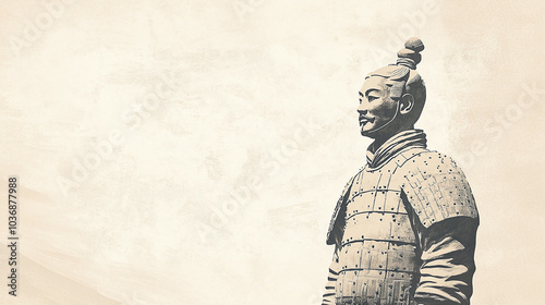  A detailed illustration of a Terracotta Army soldier statue against a plain, textured background. The image highlights the craftsmanship and historical significance of ancient Chinese culture