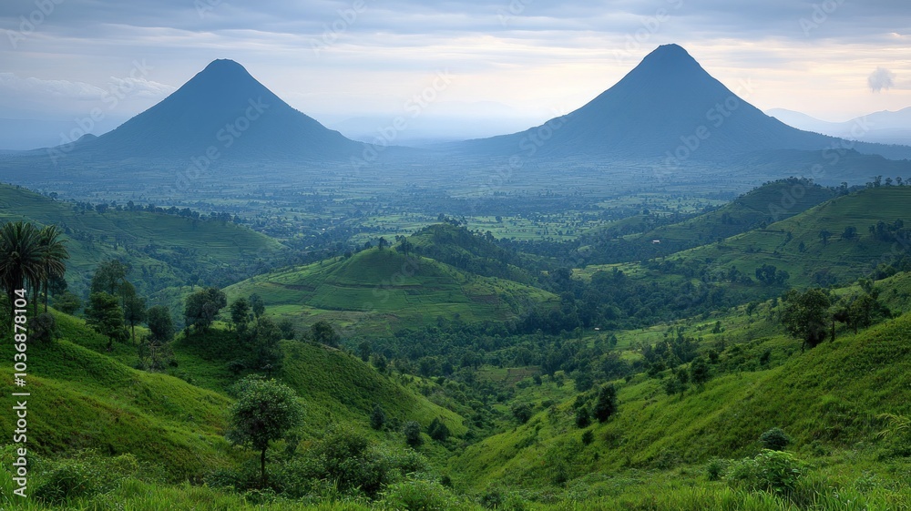 Scenic view of twin volcanic mountains in green landscape. Scenic view of twin volcanic mountains in green landscape.