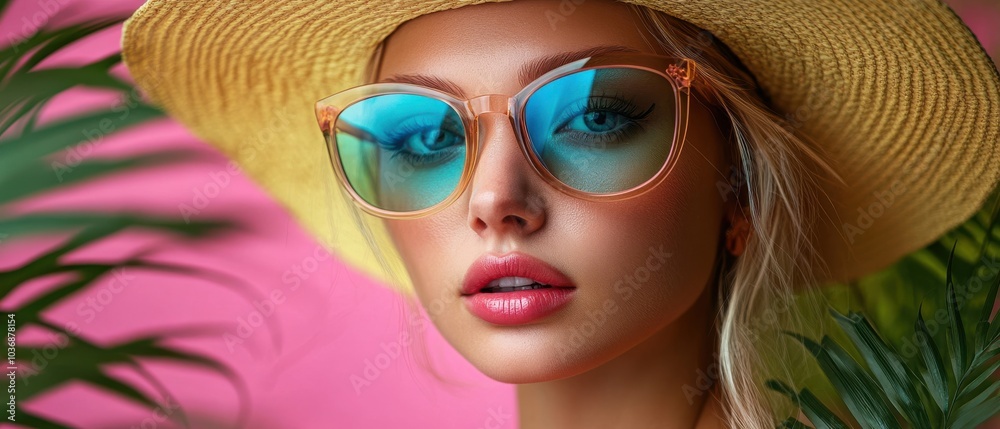 Fototapeta premium Tropical Oasis Style with Sunglasses and Straw Hat