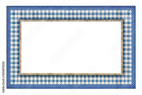 Classic blue and white gingham rectangle frame, perfect for 6x4 photos, text, and clip art. An isolated border ideal for creative projects and invitations. photo