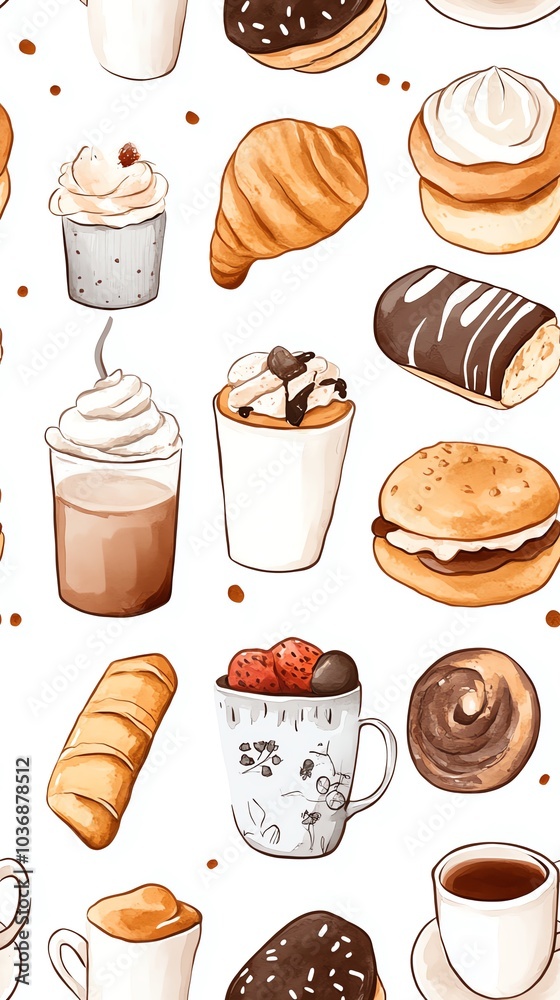 Hand-drawn seamless pattern featuring various coffee and pastry illustrations on a white background. Hand-drawn seamless pattern featuring various coffee and pastry illustrations on a white background.