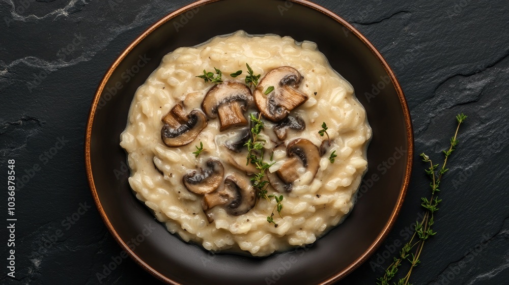 Creamy Mushroom Risotto in Flat Lay Arrangement Creamy Mushroom Risotto in Flat Lay Arrangement