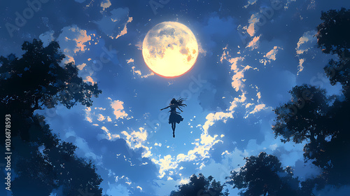 Moonlit Forest Adventure: Stealthy Ninja Girl in Anime Art photo