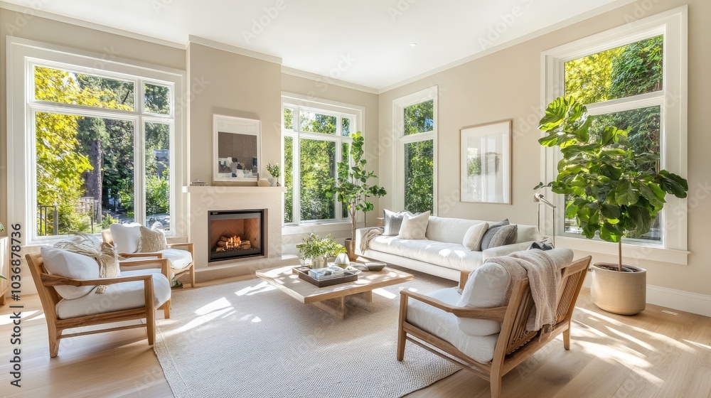 A bright Scandinavian-style living room with a modern fireplace, light wood floors, a plush white sofa, and large windows overlooking a lush garden. A bright Scandinavian-style living room with a modern fireplace, light wood floors, a plush white sofa, and large windows overlooking a lush garden.