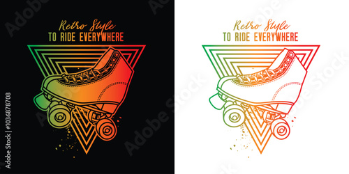Roller skates in neon style. Original vector illustration in vintage style. T-shirt design.