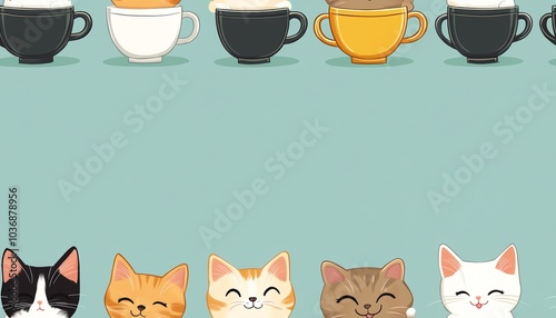 Cute cartoon cats in mugs, a fun and colorful pattern. photo