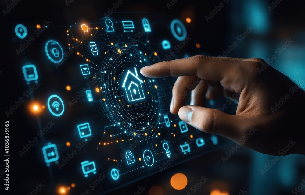Businessman interacting with smart home technology interface illustrating modern digital innovation and futuristic connection Businessman interacting with smart home technology interface illustrating modern digital innovation and futuristic connection