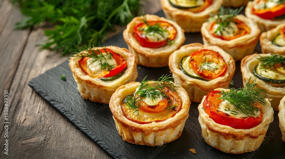 Roasted vegetable tartlets topped with fresh parsley and dill, served on a dark slate platter, Gourmet appetizers, Vegetarian party food