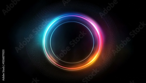 abstract black background with a glowing halo circle in gradient colors, featuring a grainy texture for creating impactful designs with ample copy space