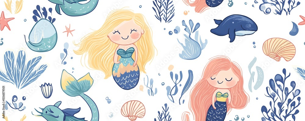Fototapeta premium Cute mermaids and seashells