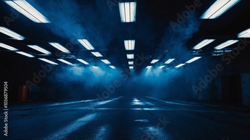 A dark tunnel illuminated by rows of blue lights with misty smoke, creating a futuristic and cinematic atmosphere.