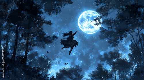 Anime Ninja Girl Preparing for Attack: Moonlit Forest Scene photo