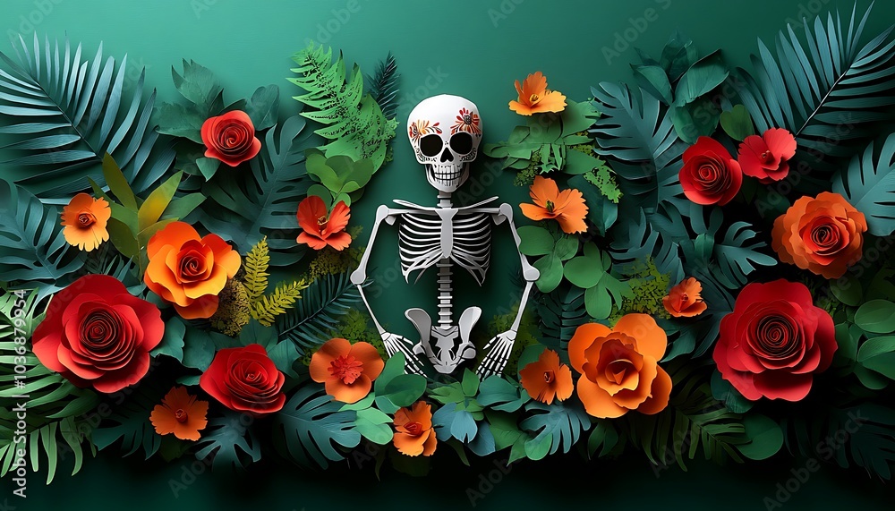 Skeleton seated in an elaborate floral arrangement. Skeleton seated in an elaborate floral arrangement.