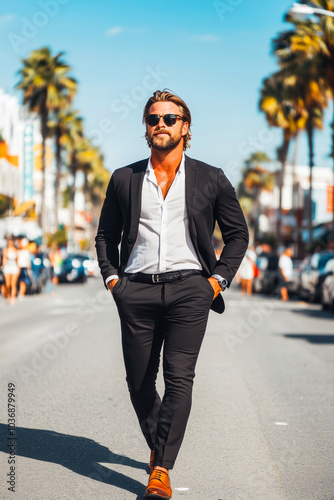 A man in a suit and white shirt walks down a street