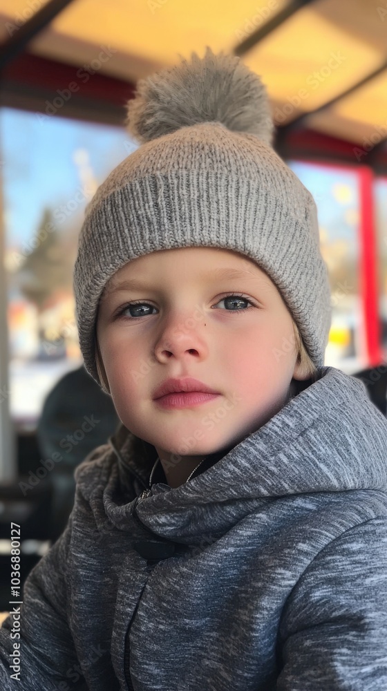 Charming young boy wearing a cozy beanie in a winter setting with bright sunlight Charming young boy wearing a cozy beanie in a winter setting with bright sunlight