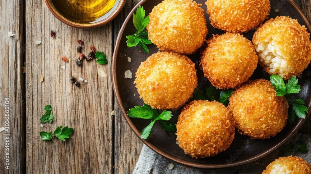 Crispy Arancini Served on Rustic Wooden Table Crispy Arancini Served on Rustic Wooden Table