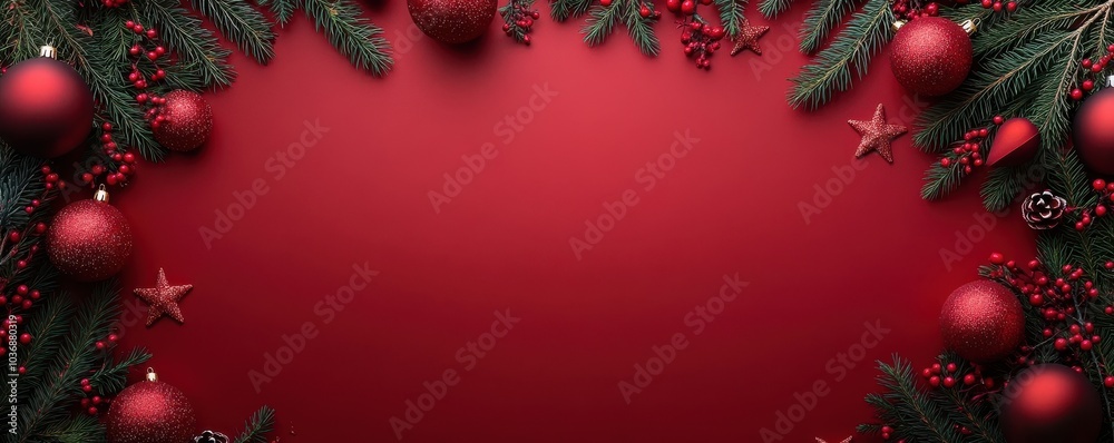 Festive Christmas backdrop with vibrant red ornaments, pine branches, and holiday decorations arranged on a red background. Perfect for holiday greeting cards, festive Festive Christmas backdrop with vibrant red ornaments, pine branches, and holiday decorations arranged on a red background. Perfect for holiday greeting cards, festive