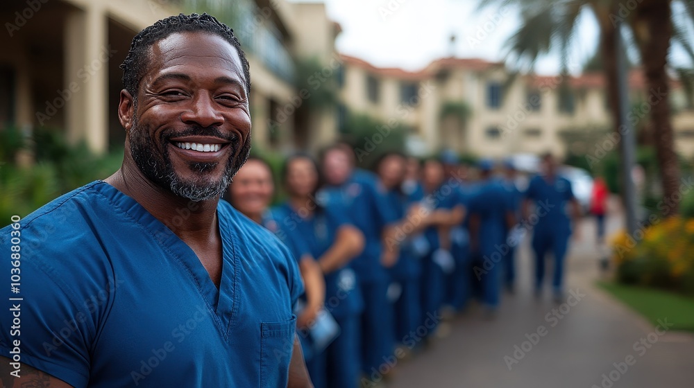 Fototapeta premium A man in a blue scrubs shirt is smiling and posing for a picture. He is surrounded by a group of people in blue scrubs