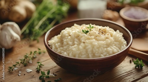 Creamy Risotto Served in Bowl with Fresh Herbs