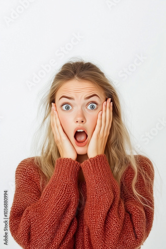 A woman with long blonde hair is wearing a red sweater