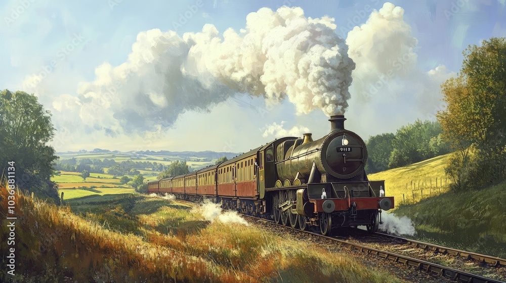 A classic steam train traveling through an English countryside, smoke puffing out of its chimney, with rolling hills and pastures on either side. A classic steam train traveling through an English countryside, smoke puffing out of its chimney, with rolling hills and pastures on either side.