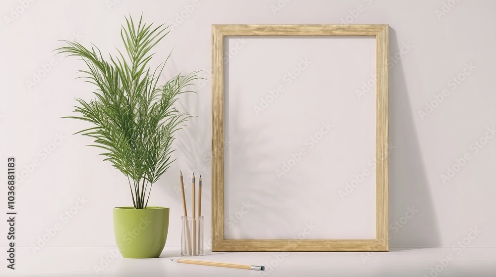 A clean and modern composition with a wooden frame, a green potted plant, and two pencils arranged simply on a white background, with plenty of negative space to the side. A clean and modern composition with a wooden frame, a green potted plant, and two pencils arranged simply on a white background, with plenty of negative space to the side.