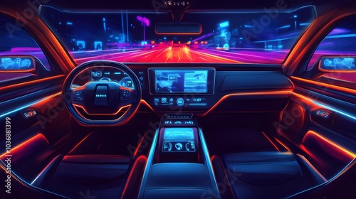 Car interior with Self driving , Auto pilot and internet of thin futuristic . icon illustration . Autonomous car system technology concept . 