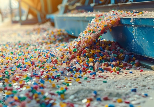 Closeup of Industrial Machine Transforming Colorful Plastic Granules.