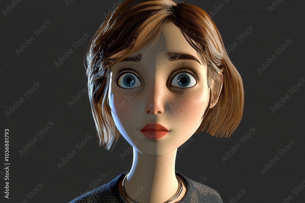 A captivating animated character with strikingly expressive features against a dark backdrop A captivating animated character with strikingly expressive features against a dark backdrop