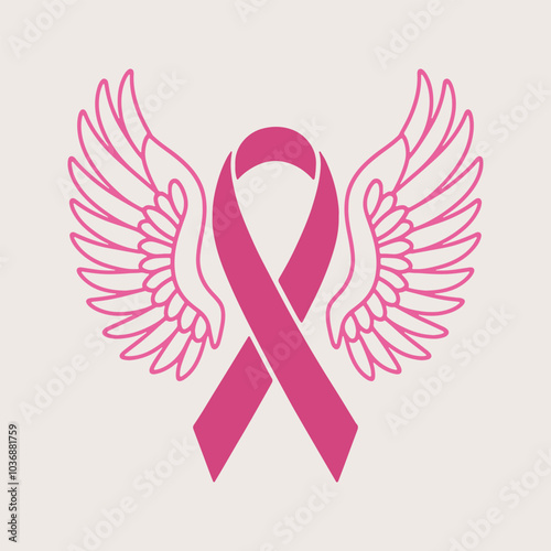 Breast cancer awareness pink ribbon. Ribbon icon with angel wings. Vector illustration.