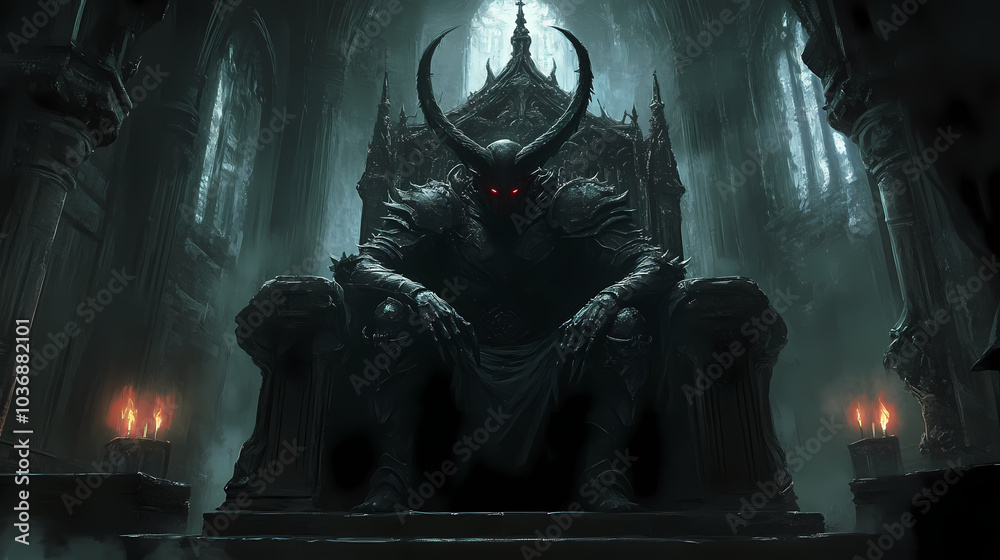 Anime Demon Lord in a Dimly Lit Throne Room: Gothic Style Anime Demon Lord in a Dimly Lit Throne Room: Gothic Style