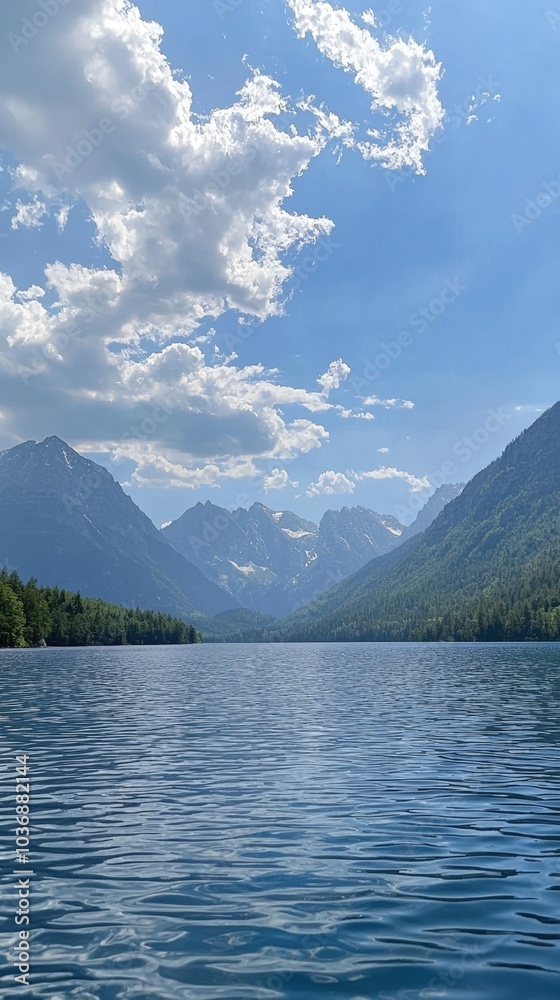 Serene lake surrounded by majestic mountains under a bright blue sky in a tranquil afternoon Serene lake surrounded by majestic mountains under a bright blue sky in a tranquil afternoon