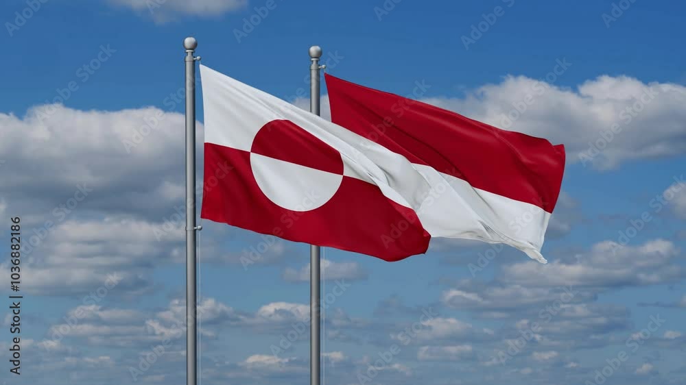 Indonesia and Greenland flags flying together, video concept of the relationship, two country relations concept Indonesia and Greenland flags flying together, video concept of the relationship, two country relations concept