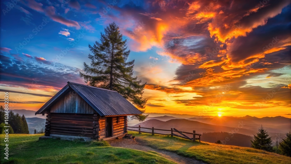 Enchanting Silhouette Photography of a Rustic Wooden Hut Against a Stunning Sunset Sky, Capturing the Essence of Tranquility, Nature, and Serenity in a Landscape Setting Enchanting Silhouette Photography of a Rustic Wooden Hut Against a Stunning Sunset Sky, Capturing the Essence of Tranquility, Nature, and Serenity in a Landscape Setting
